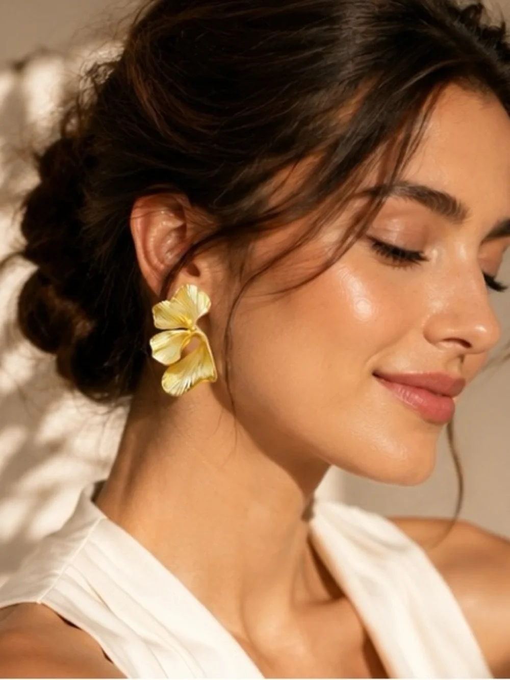 Gold Sculptural Leaf Statement Earrings | Elegant Textured Botanical Designed